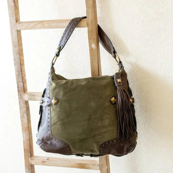 NWT! MICHAEL KORS COLLEGIATE STUDDED BROWN LEATHER OLIVE GREEN SUEDE BAG - Picture 4 of 15